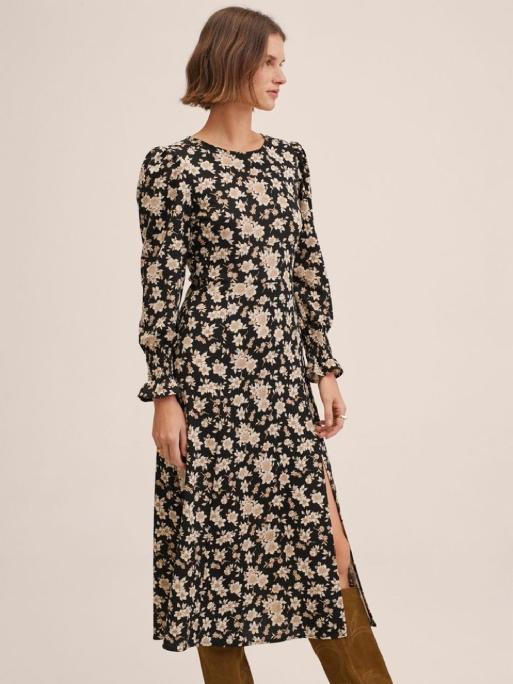 Mango Black & Beige Floral Midi Dress - Size 8